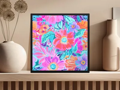 Preppy Purple and Teal Seamless Flower Pattern, Bright Colorful Floral Print, Pink Blue Floral Design, Neon Purple Preppy Floral Seamless Pattern
