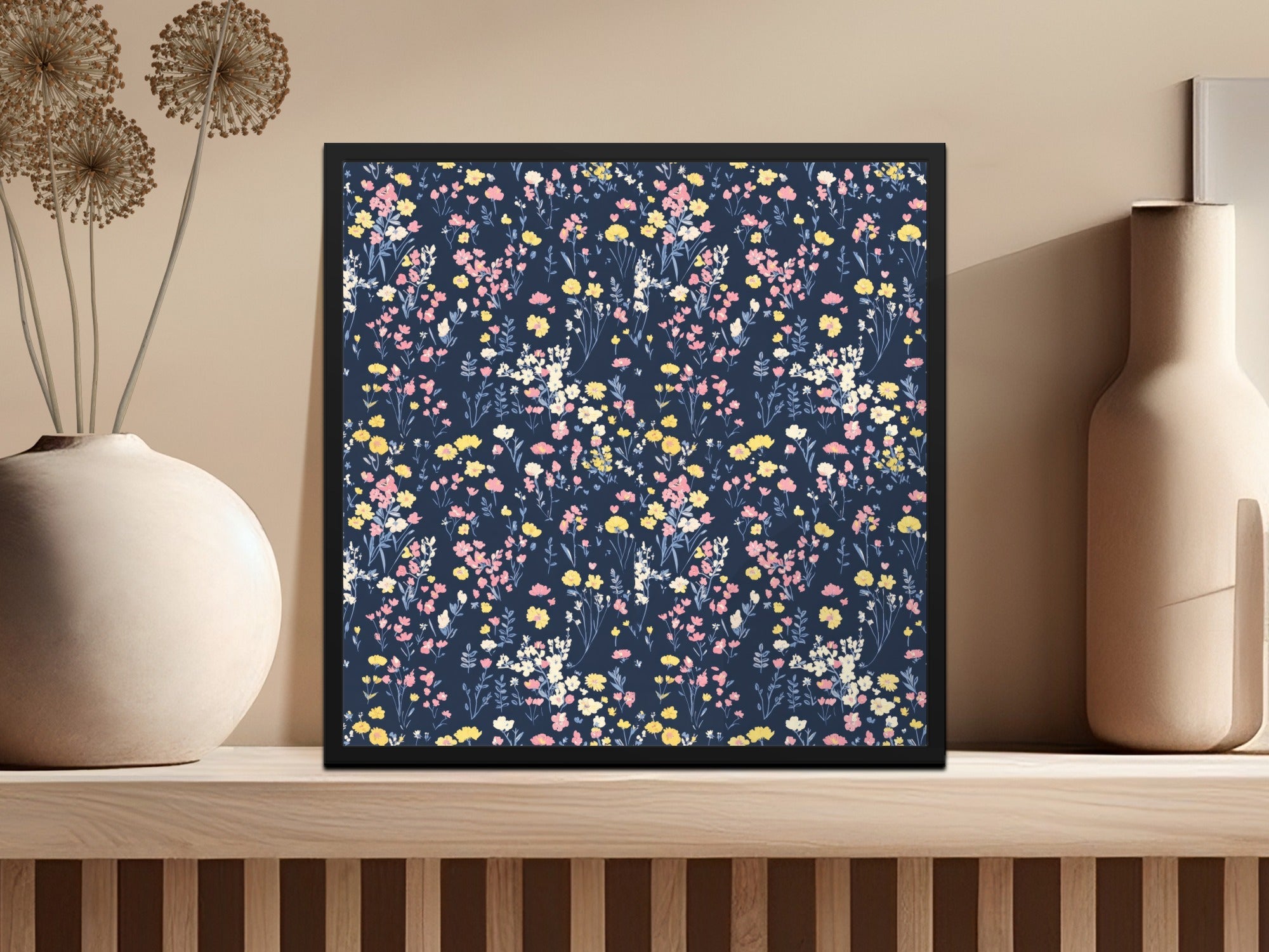 Floral Digital Paper, Seamless Flower Pattern, Navy Pink Yellow, Commercial Use, Printable Fabric, Digital Download, Scrapbook Paper