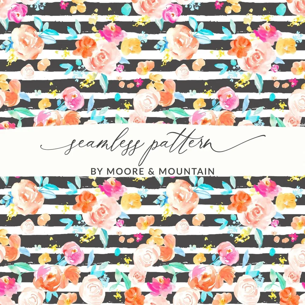 Floral Digital Paper, Striped Digital Download, Flower Pattern Seamless, Watercolor Flowers, Commercial Use Digital Paper, Fabric Design