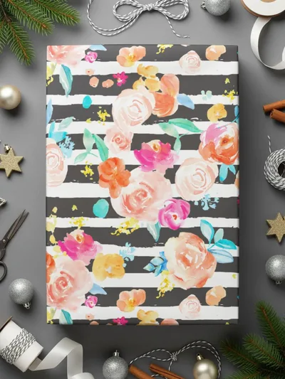 Floral Digital Paper, Striped Digital Download, Flower Pattern Seamless, Watercolor Flowers, Commercial Use Digital Paper, Fabric Design