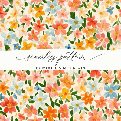 Floral Digital Paper, Watercolor Flowers Pattern, Seamless Flower Image, Orange Pink Blue Flower Design, Spring Garden Digital Download