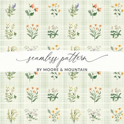 Floral Digital Paper, Watercolor Flowers, Seamless Pattern, Plaid Background, Botanical Print, Digital Download, Fabric Design, Scrapbooking