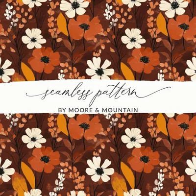 Floral Digital Seamless Pattern, Autumn Flowers, Brown Background, Fabric Design, Paper Craft, Printable, Scrapbooking, Commercial Use