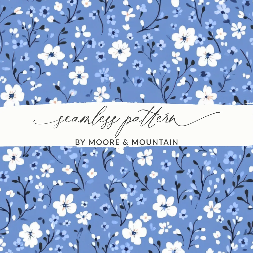 Floral Ditsy Pattern in Blue and White Delicate Flowers Digital