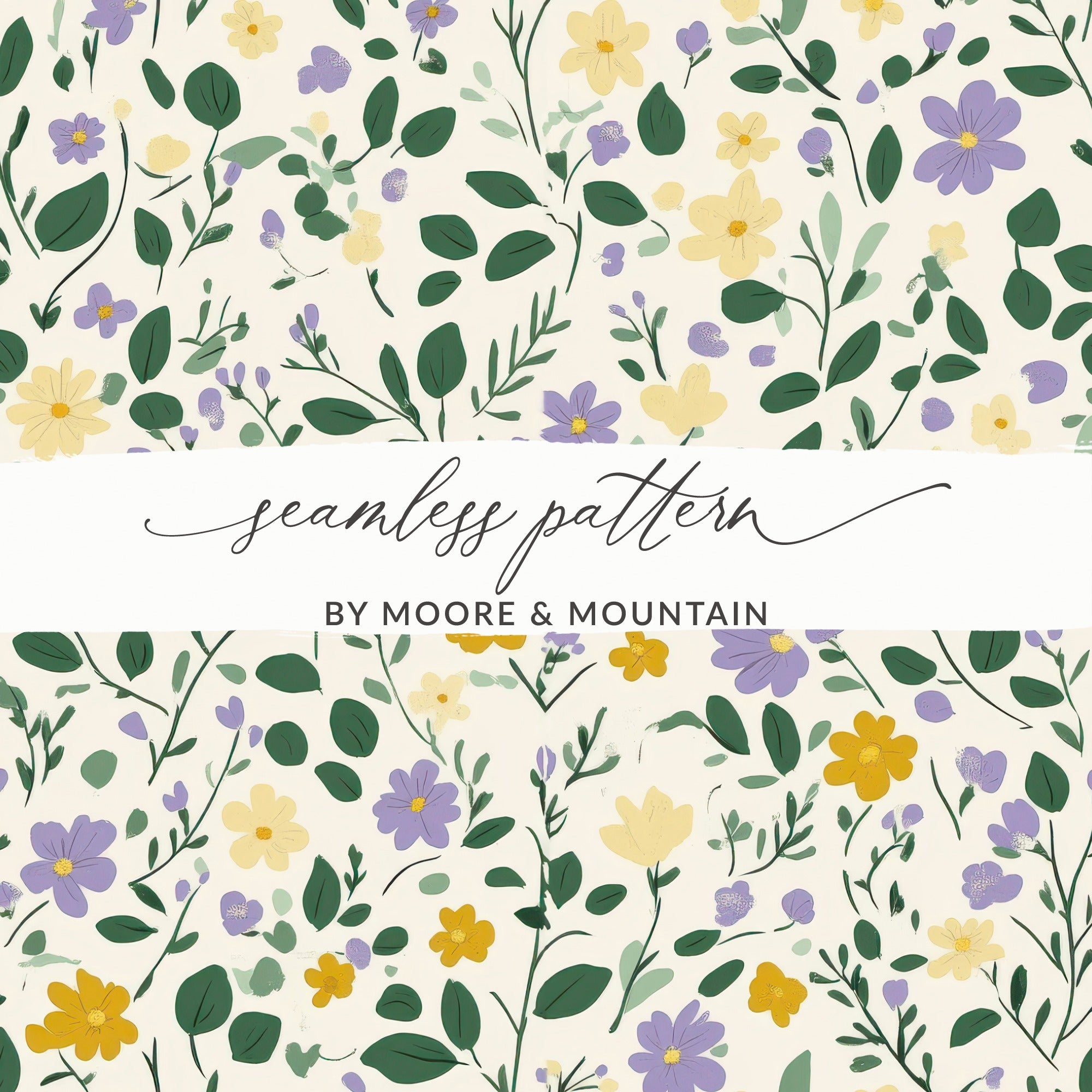 Floral Ditsy Yellow Purple Blossoms Leafy Background Digital