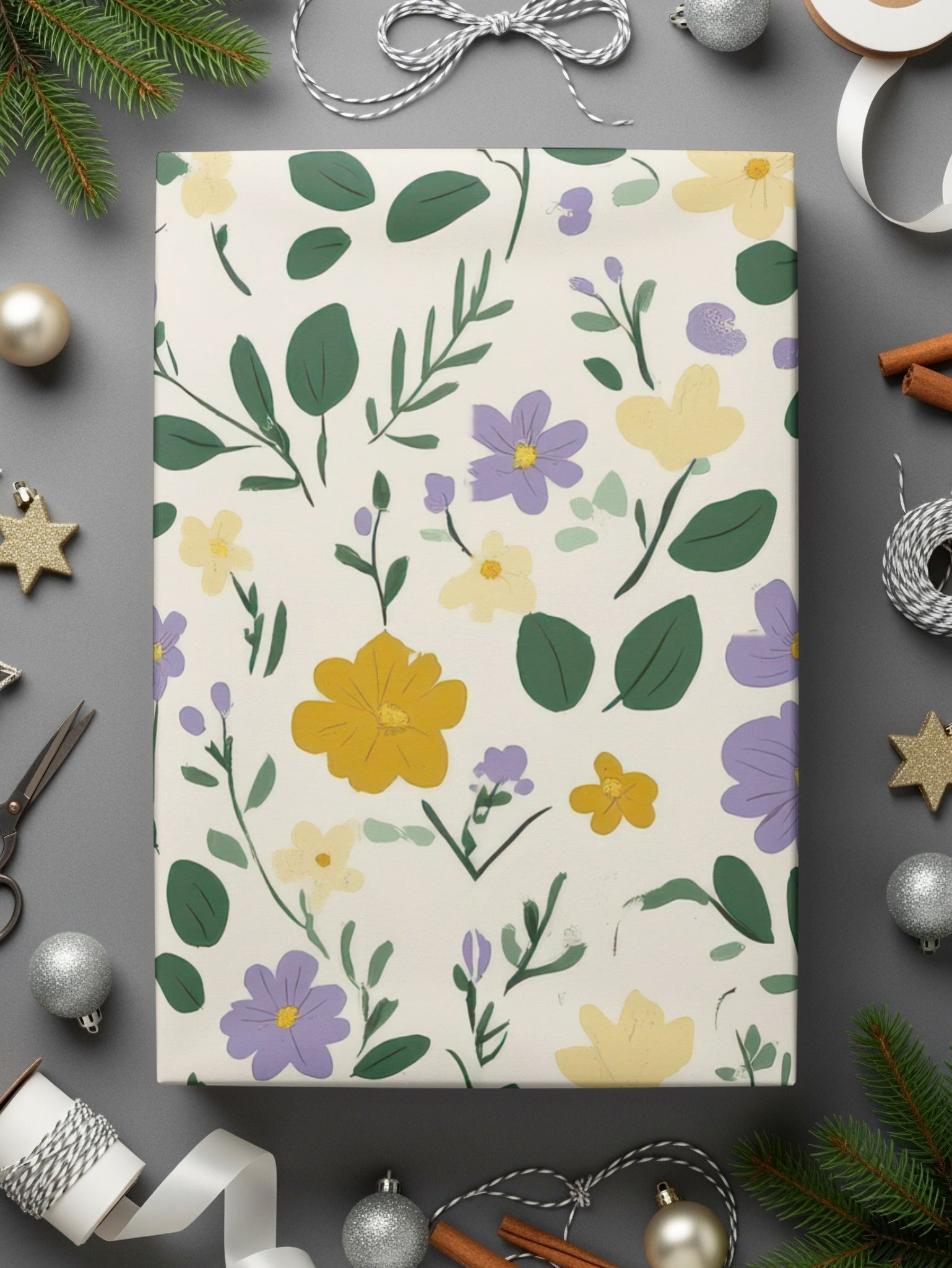 Floral Ditsy Yellow Purple Blossoms Leafy Background Digital
