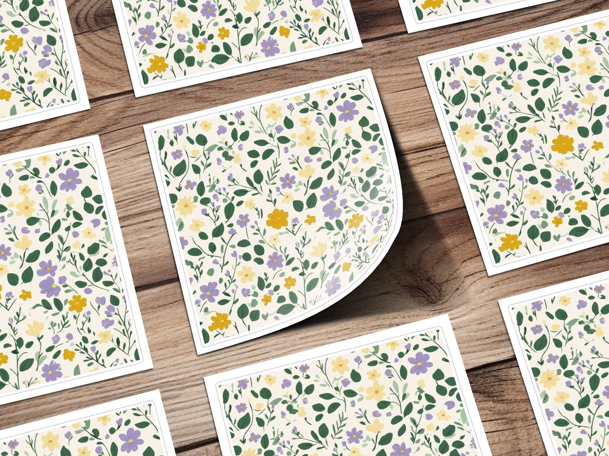 Floral Ditsy Yellow Purple Blossoms Leafy Background Digital