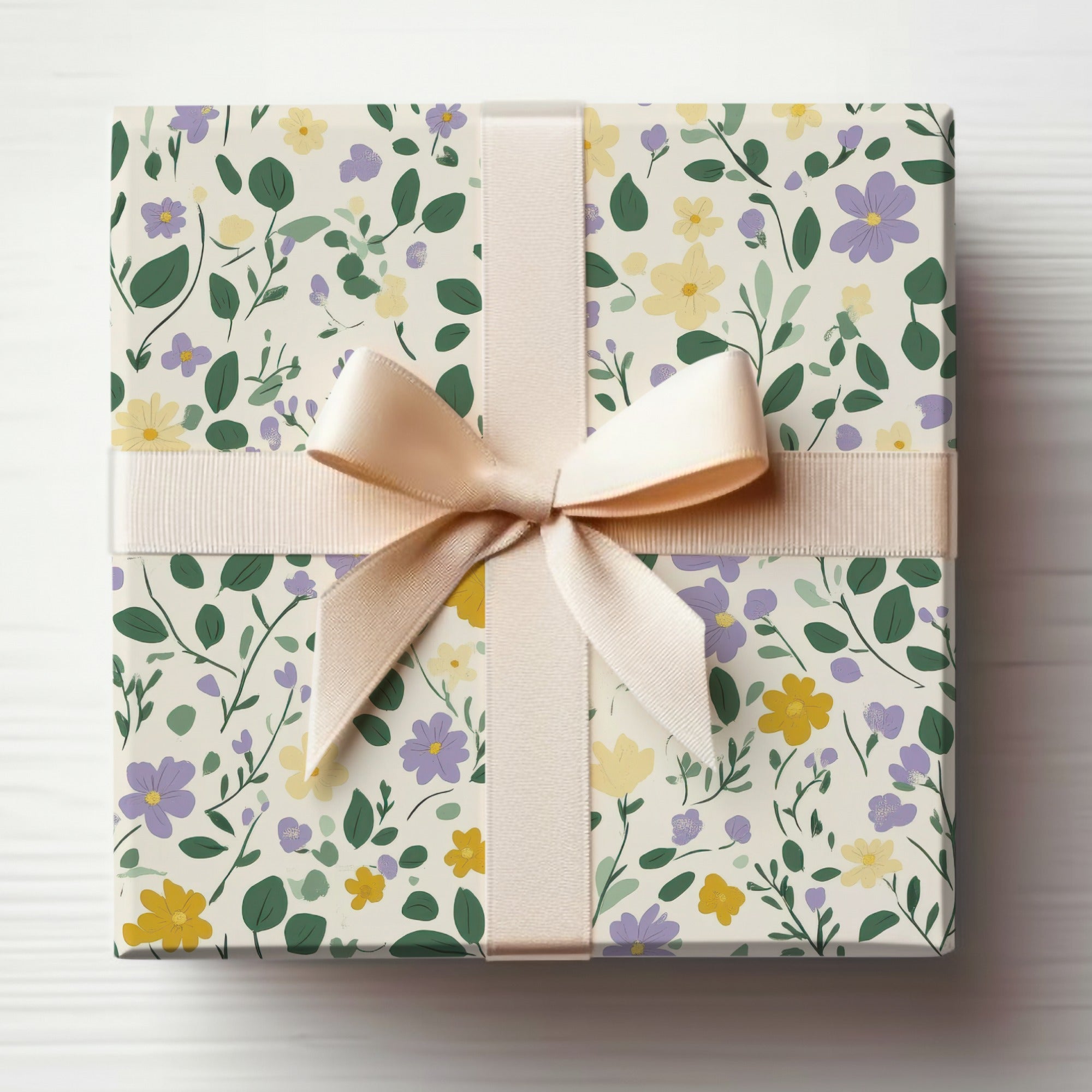 Floral Ditsy Yellow Purple Blossoms Leafy Background Digital