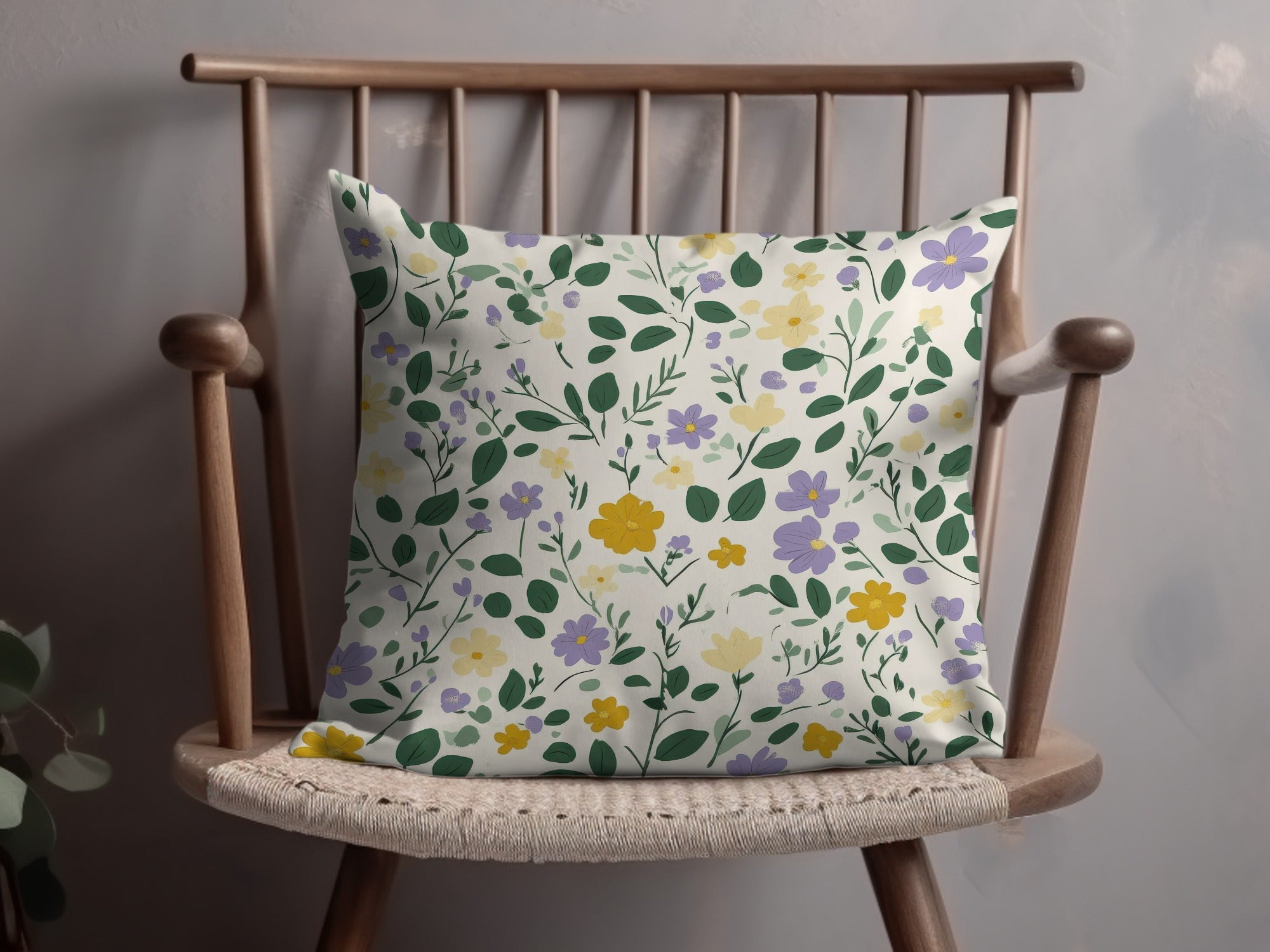 Floral Ditsy Yellow Purple Blossoms Leafy Background Digital