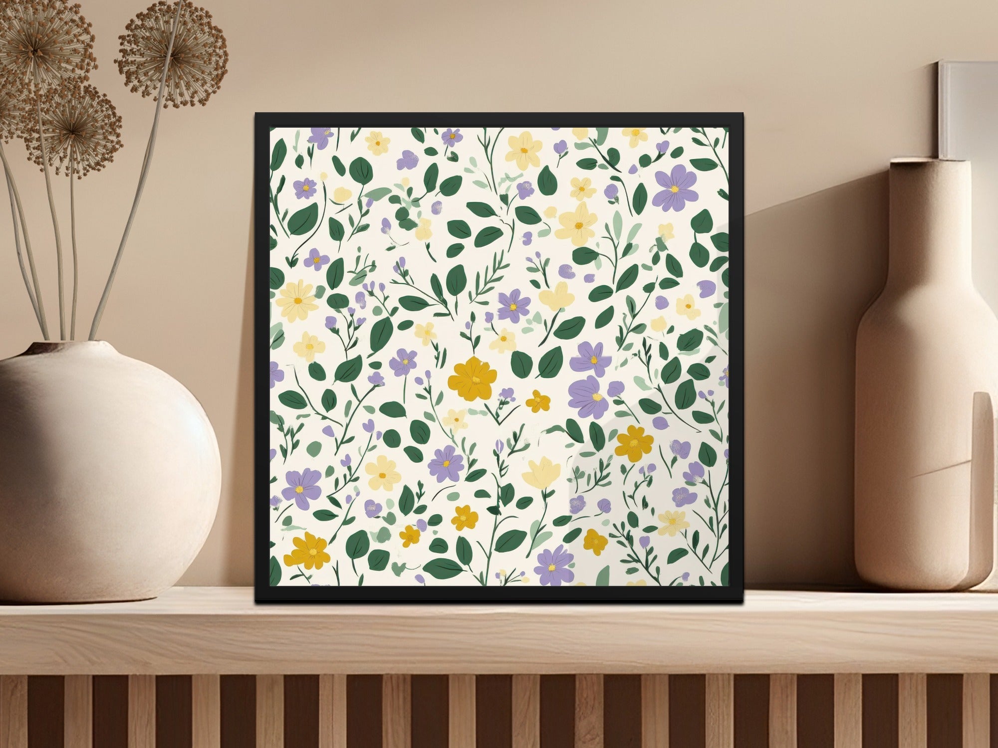 Floral Ditsy Yellow Purple Blossoms Leafy Background Digital