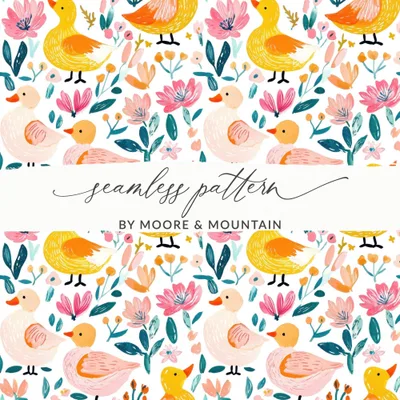 Floral Duck Digital Paper, Seamless Pattern Download, Fabric Design, Scrapbooking Paper, Cute Ducks and Flowers, Digital Files
