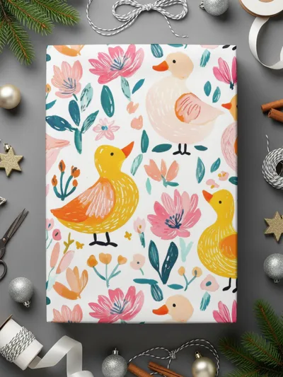 Floral Duck Digital Paper, Seamless Pattern Download, Fabric Design, Scrapbooking Paper, Cute Ducks and Flowers, Digital Files