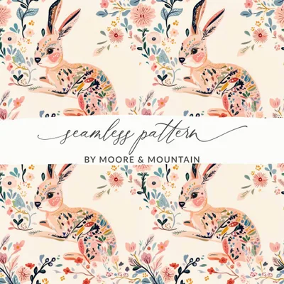 Floral Hare Digital Paper, Seamless Rabbit Pattern, Cute Animal Print, Digital Download for Fabric, Scrapbooking, Crafts, 12x12 JPEG
