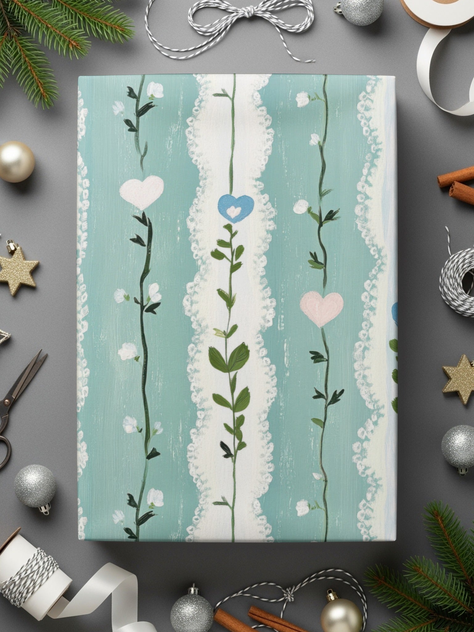 Floral Heart Digital Paper, Seamless Pattern, Painted Flower Digital, Blue Pink Green Digital Download, Spring Summer Pattern