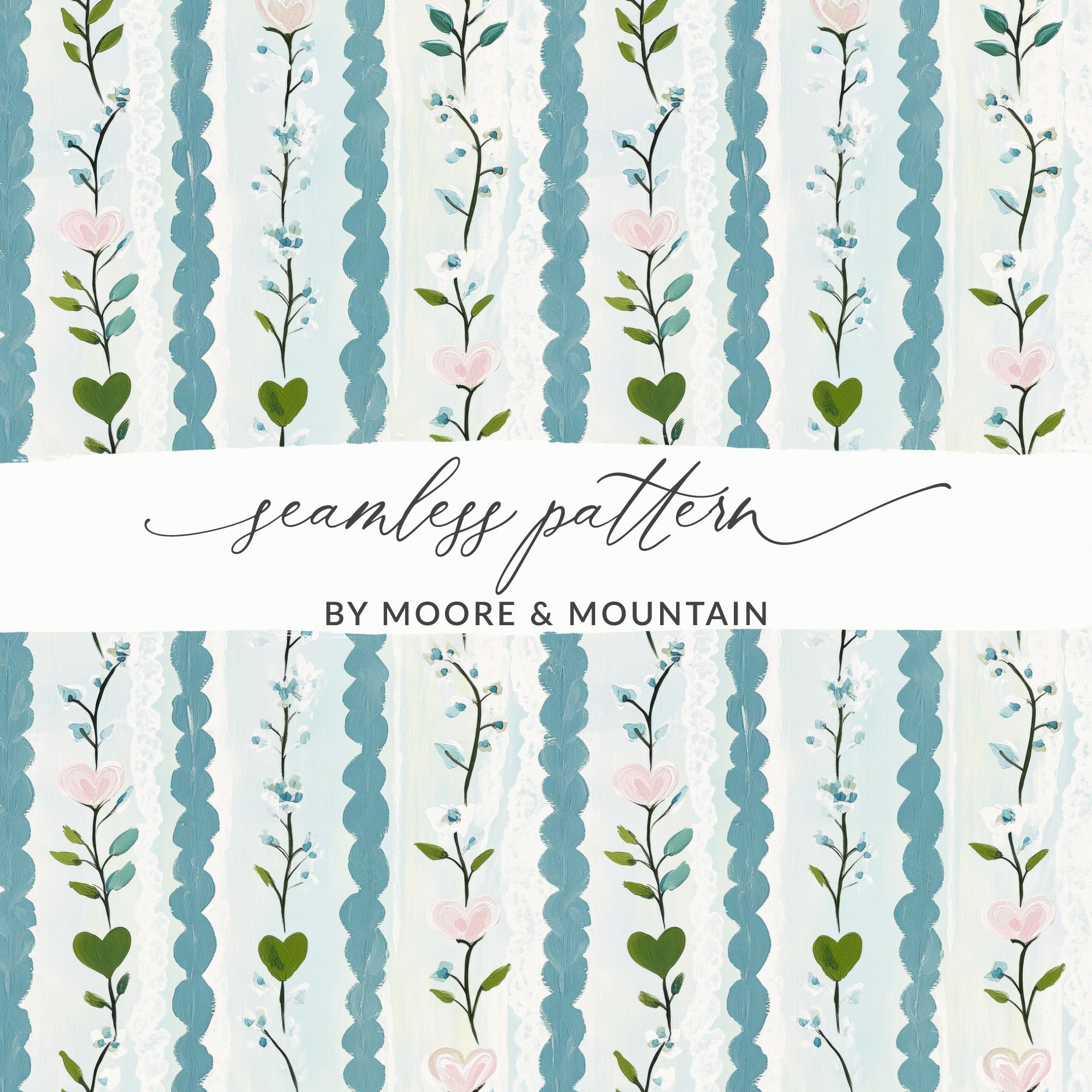 Floral Heart Seamless Pattern, Digital Paper, Blue Stripe Texture, Fabric Design, Scrapbooking, Printable Backgrounds, Digital Download