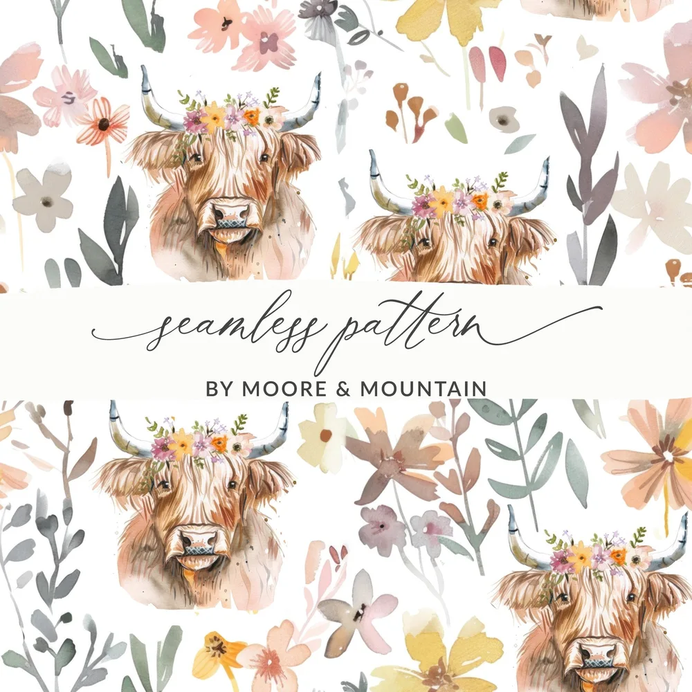 Floral Highland Cow Digital Paper, Seamless Pattern, Cow Print, Farmhouse, Rustic Chic, JPEG Files, Animal Design, Digital Download