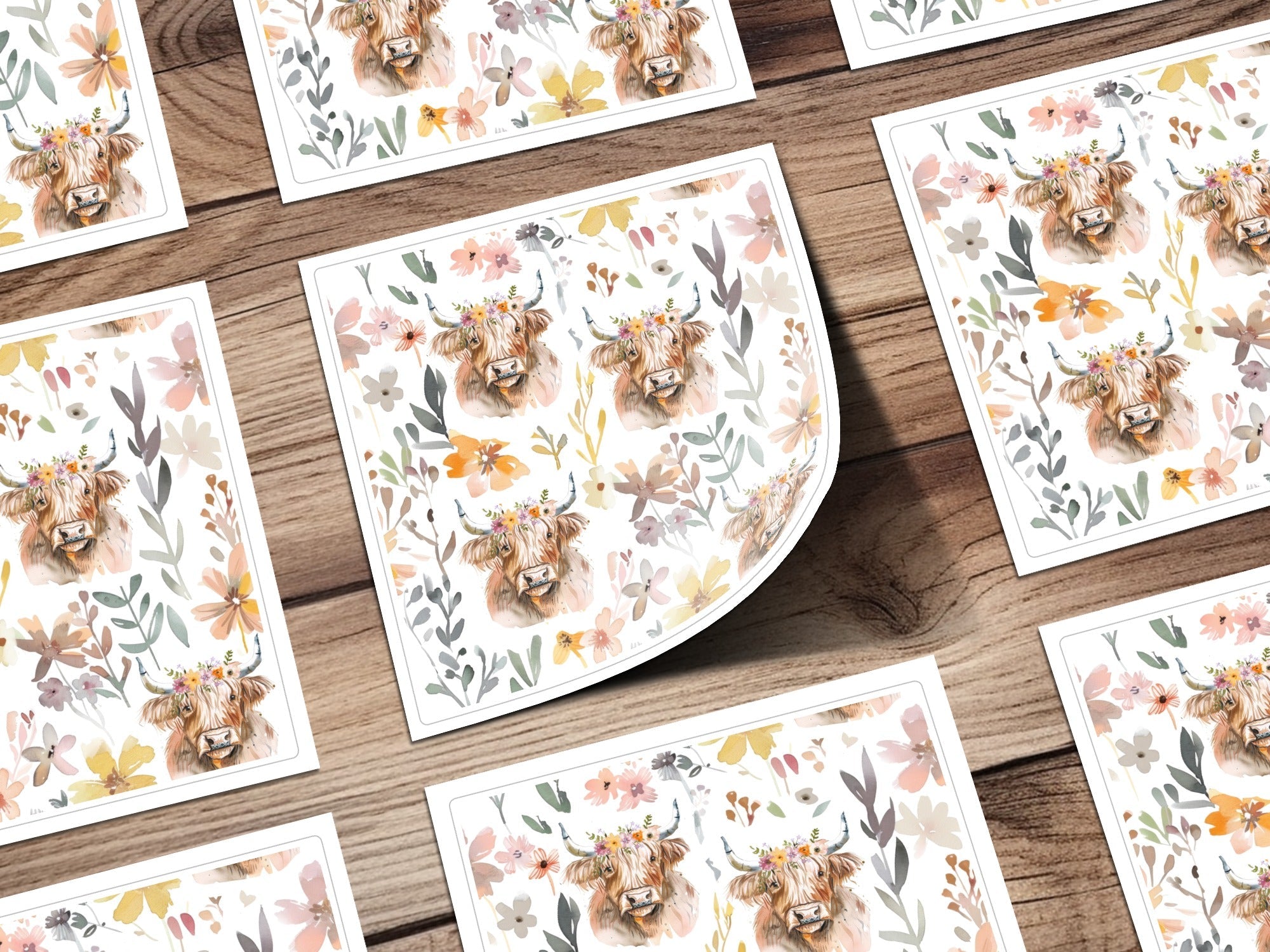 Floral Highland Cow Digital Paper, Seamless Pattern, Cow Print, Farmhouse, Rustic Chic, JPEG Files, Animal Design, Digital Download