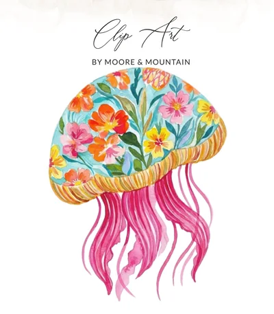 Floral Jellyfish Preppy Clip Art Digital Download PNG, Whimsical Ocean Art, Watercolor Sea Creature, Vibrant Flower Jellyfish
