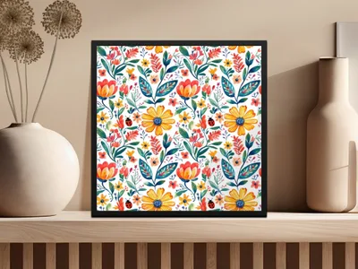 Floral Meadow with Ladybugs and Plants Digital Download | Nature-inspired Art Print