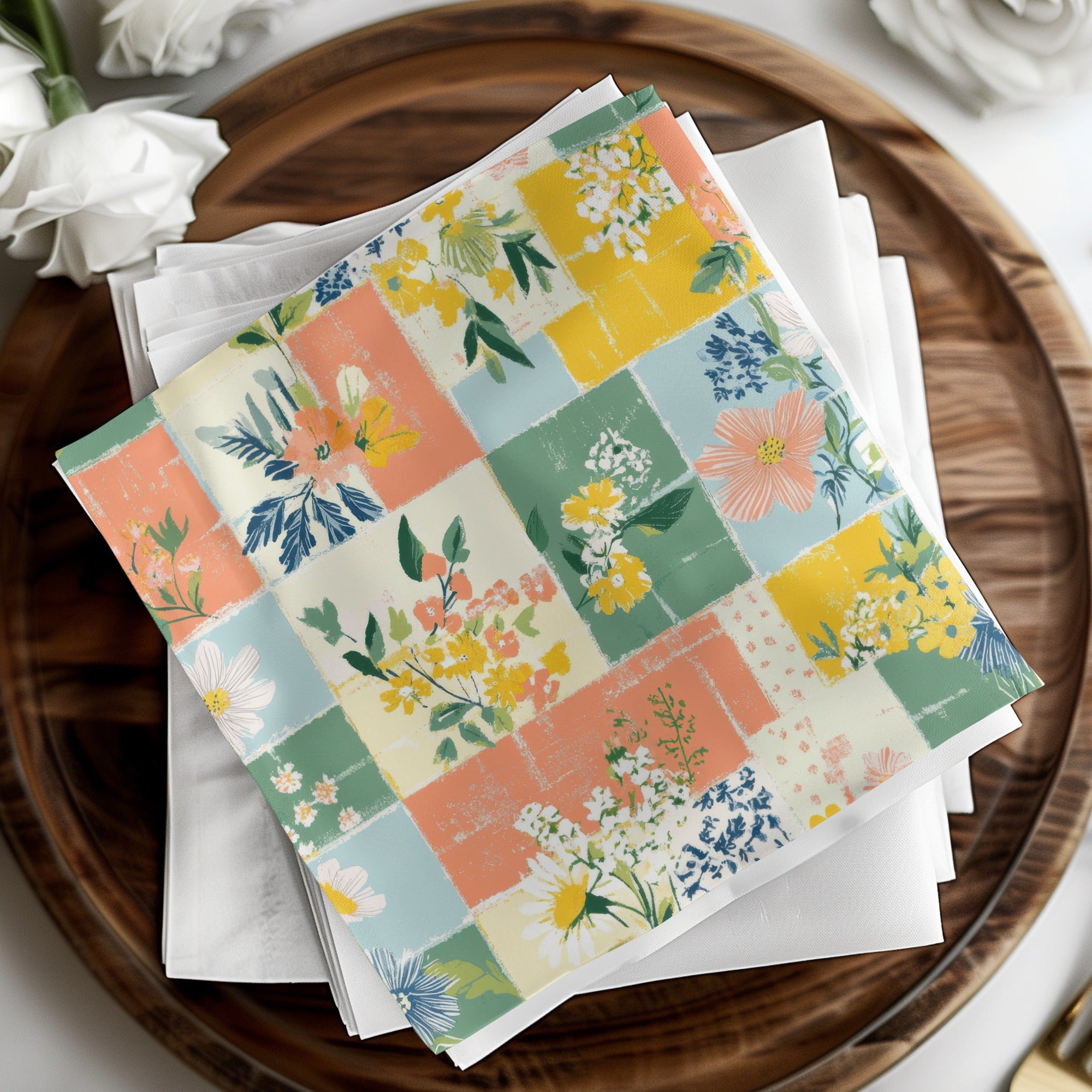 Floral Patchwork Digital Paper, Spring Patches Seamless Pattern, Quilt Squares Seamless Background Wallpaper JPEG