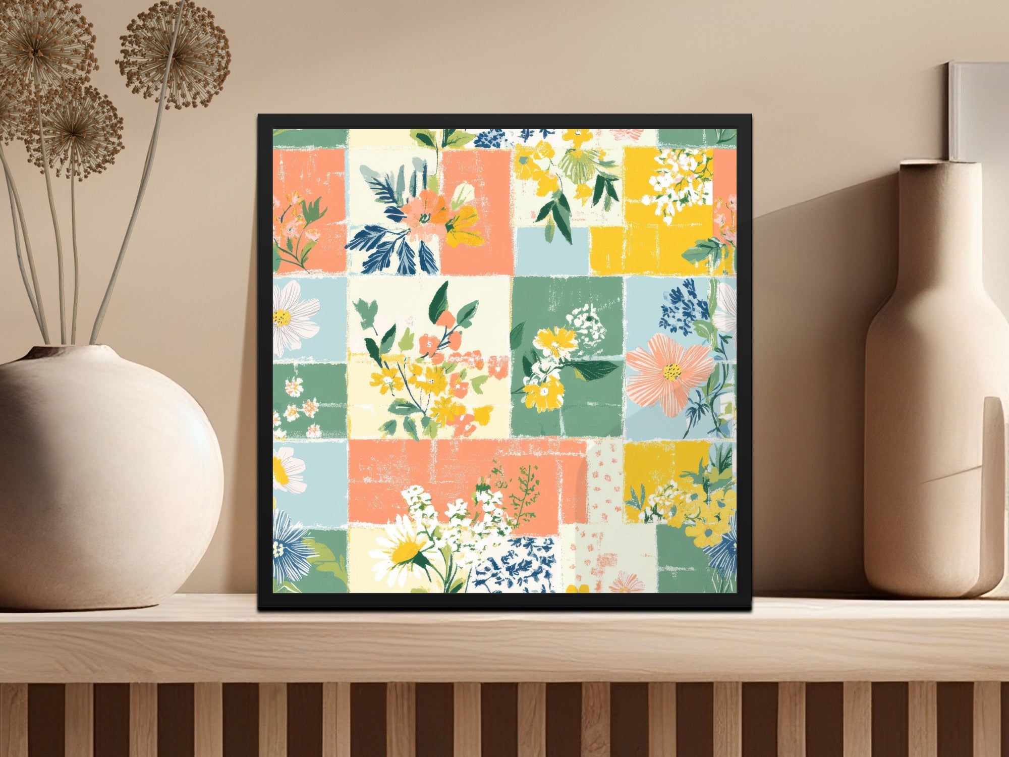 Floral Patchwork Digital Paper, Spring Patches Seamless Pattern, Quilt Squares Seamless Background Wallpaper JPEG