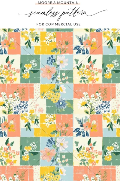 Floral Patchwork Digital Paper, Spring Patches Seamless Pattern, Quilt Squares Seamless Background Wallpaper JPEG