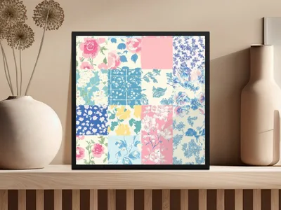 Floral Patchwork Digital Seamless Pattern, Pink Blue Flower Repeat Pattern Design, Printable Fabric Pattern, Commercial License Included