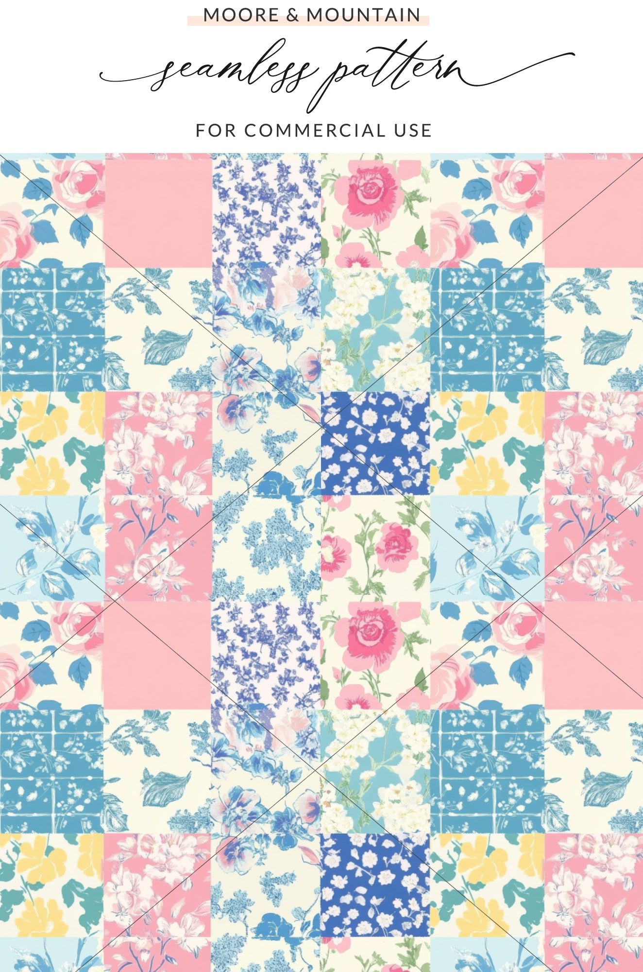 Floral Patchwork Digital Seamless Pattern, Pink Blue Flower Repeat Pattern Design, Printable Fabric Pattern, Commercial License Included