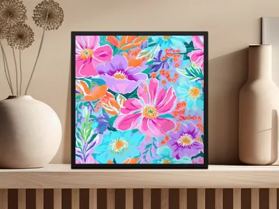 Floral Pattern Digital Paper, Colorful Flower Preppy Abstract Neon Purple Floral Pattern