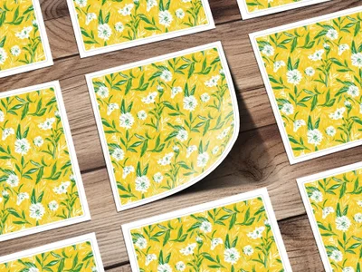 Floral Pattern Digital Paper, Yellow Background, Botanical Print, White Flower Seamless Pattern, Commercial Use Digital Paper