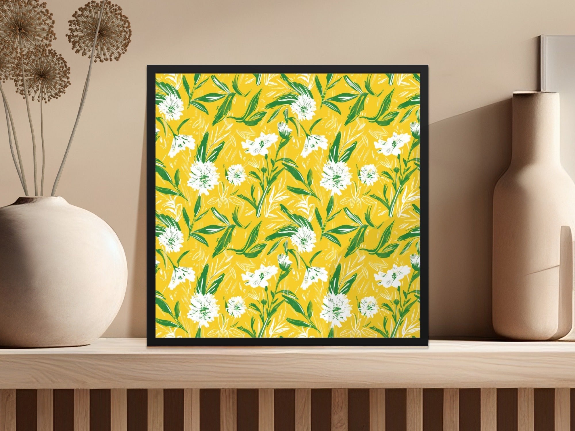 Floral Pattern Digital Paper, Yellow Background, Botanical Print, White Flower Seamless Pattern, Commercial Use Digital Paper