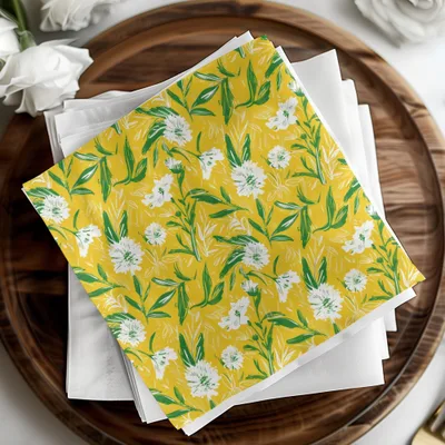 Floral Pattern Digital Paper, Yellow Background, Botanical Print, White Flower Seamless Pattern, Commercial Use Digital Paper