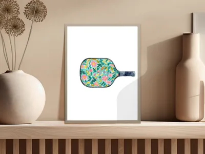 Floral Pickleball Paddle Digital Art Print, Preppy Clip Art Sports Illustration, Instant Download Printable Wall Art SVG