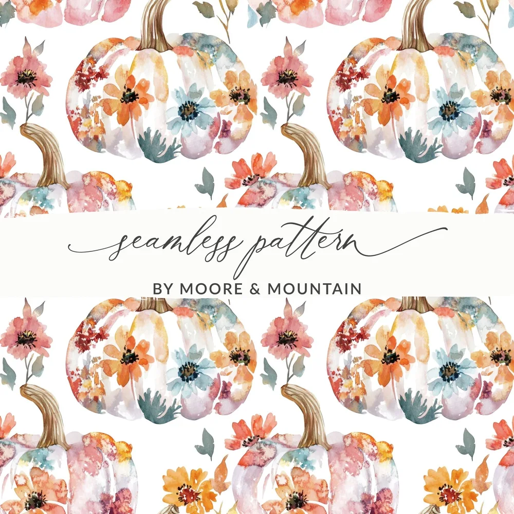 Floral Pumpkin Digital Paper, Watercolor Seamless Pattern, Autumn Fall Design, Scrapbook Paper, Fabric Design, Digital Download - Moore and Mountain