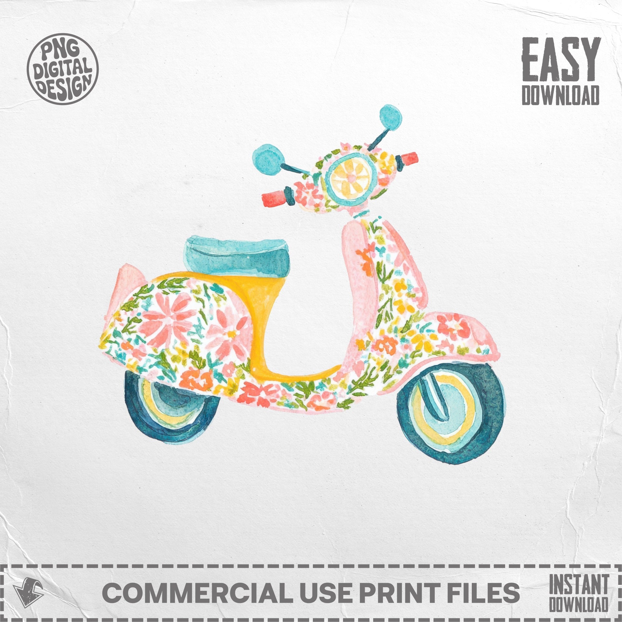 Floral Scooter Clipart PNG SVG, Preppy Pastel Digital Art, Cute Vespa Illustration, Retro Girl Aesthetic Graphic, Trendy Summer Download