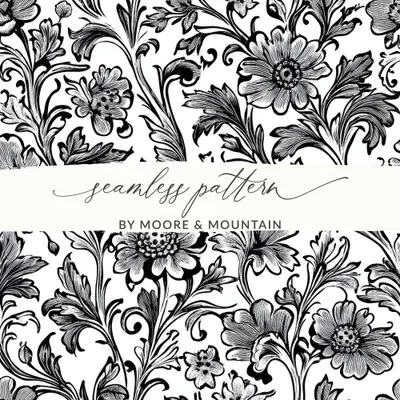Floral Seamless Digital Pattern, Black and White Flower Background, Textile Design, Repeating Pattern Image, Digital Download, Scrapbook
