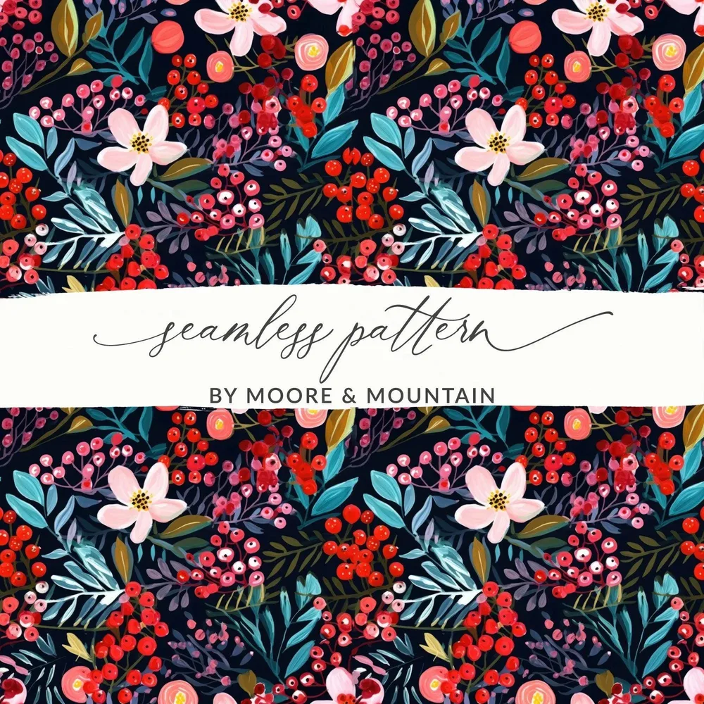 Floral Seamless Pattern Digital, Dark Botanical Print, Flower Fabric Design, Berries Illustration, Watercolor Floral, Repeat Pattern