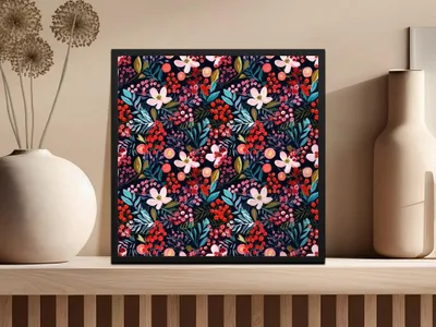 Floral Seamless Pattern Digital, Dark Botanical Print, Flower Fabric Design, Berries Illustration, Watercolor Floral, Repeat Pattern