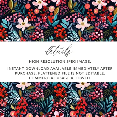 Floral Seamless Pattern Digital, Dark Botanical Print, Flower Fabric Design, Berries Illustration, Watercolor Floral, Repeat Pattern