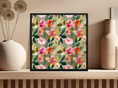 Ditsy Floral Seamless Pattern, Digital Download, Pink Red Flowers, Repeat Pattern, Fabric Design, Paper Print, Sage Green Floral
