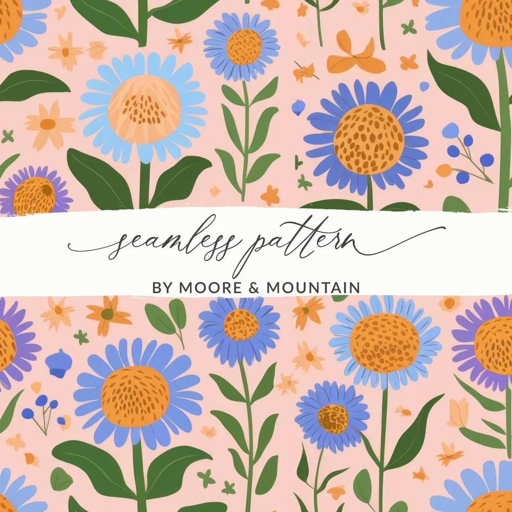 Floral Seamless Pattern Digital, Flower Print File, Blue Flower Design, Digital Download, Seamless Background, Fabric Pattern, 12x12 JPEG