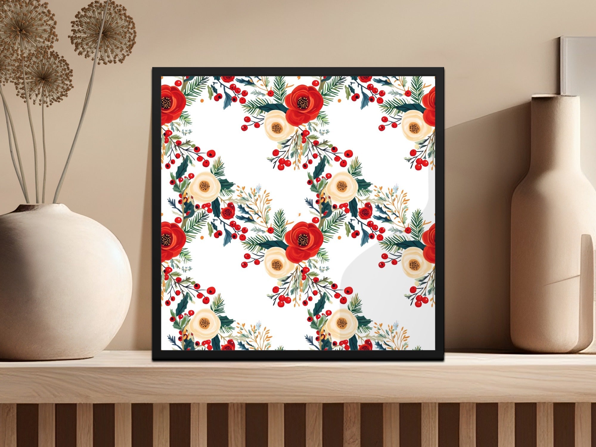Floral Seamless Pattern Digital Paper, Christmas Flowers Print Fabric Design, Berries and Leaves Pattern, Rose Pattern, JPEG Download