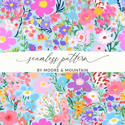 Ditsy Floral Seamless Pattern Colorful Flower Design, Fabric Print Preppy Purple Neon Floral Pattern