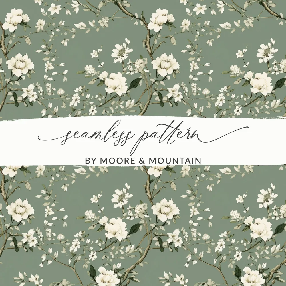 Floral Seamless Pattern, Digital Paper, Sage Green Background, White Flowers, Printable Fabric Design, Scrapbook Paper, 12x12 JPEG