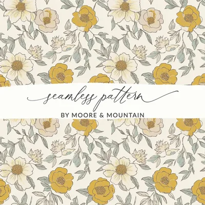 Mustard Yellow Line Art Floral Background Neutral Peony Seamless Modern Floral Pattern JPEG