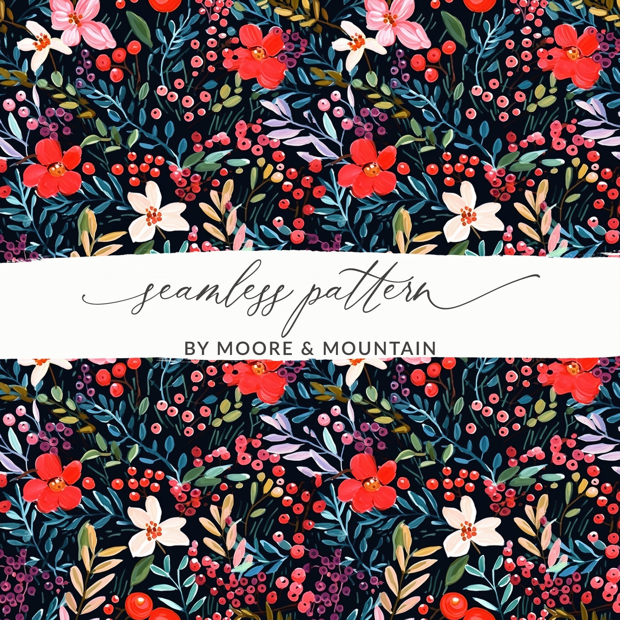 Floral Seamless Pattern Digital, Red Flowers Printable, Dark Floral Pattern, Berry Background Digital, Fabric Design Download