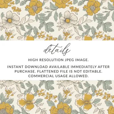 Floral Seamless Pattern, Mustard Yellow, Digital Paper, Commercial Use, Flower Design, 12x12 JPEG, Print On Demand, Scrapbooking