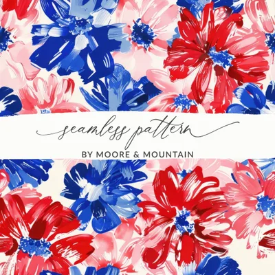 Floral Seamless Pattern, Red White Blue, Digital Download, Flower Pattern, Summer Pattern, Patriotic Design, Fabric Pattern, 4th July