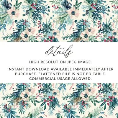 Floral Seamless Pattern, Winter Digital Paper, Christmas Digital Paper, JPEG Pattern, Fabric Design, Surface Pattern, Digital Download