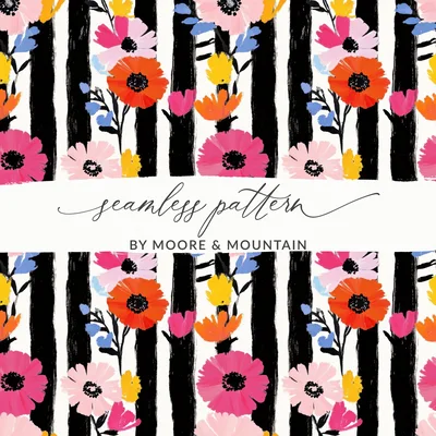 Floral Stripe Digital Paper, Modern Flower Pattern, Seamless Pattern, Colorful Flowers, Striped Background, Digital Download